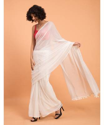 Suta Women White Solid Pure Cotton Saree 3