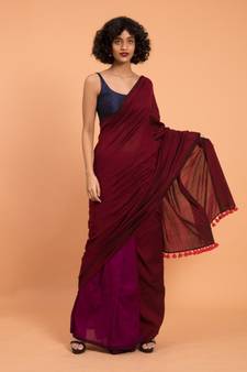 Suta Maroon & Magenta Cotton Acrylic Colourblocked Saree