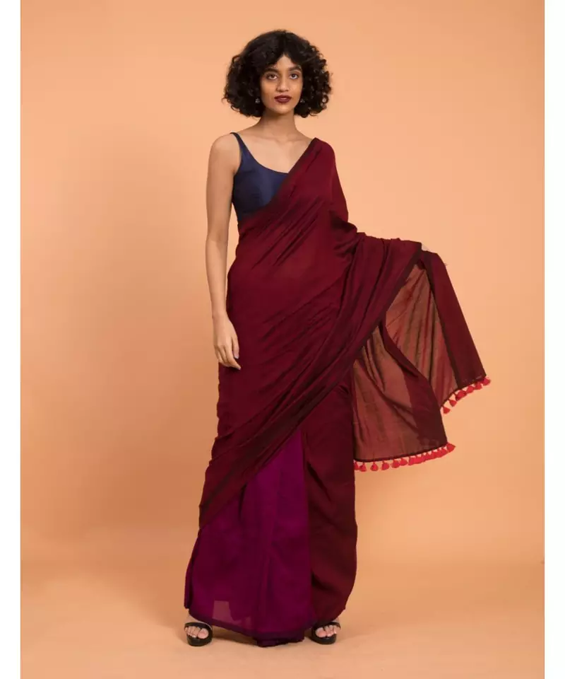 Suta Maroon & Magenta Cotton Acrylic Colourblocked Saree