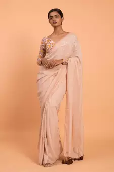Suta Beige Solid Cotton Blend Saree