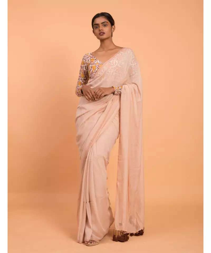 Suta Beige Solid Cotton Blend Saree