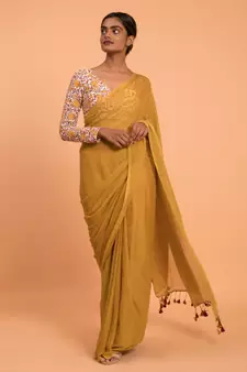 Suta Yellow Solid Cotton blend Saree