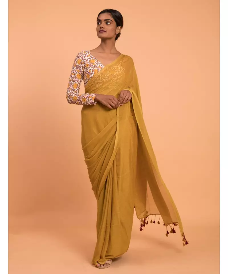 Suta Yellow Solid Cotton blend Saree