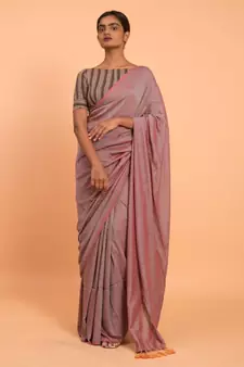 Mauve & beige coloured tasseled solid Mul-Viscose saree