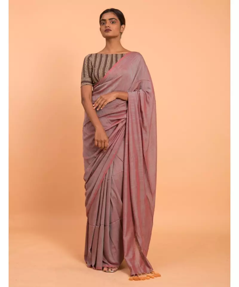 Mauve & beige coloured tasseled solid Mul-Viscose saree