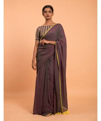 Suta Women Purple & Yellow Solid Cotton Blend Saree 1