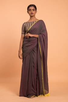 Suta Women Purple & Yellow Solid Cotton Blend Saree