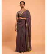 Suta Women Purple & Yellow Solid Cotton Blend Saree