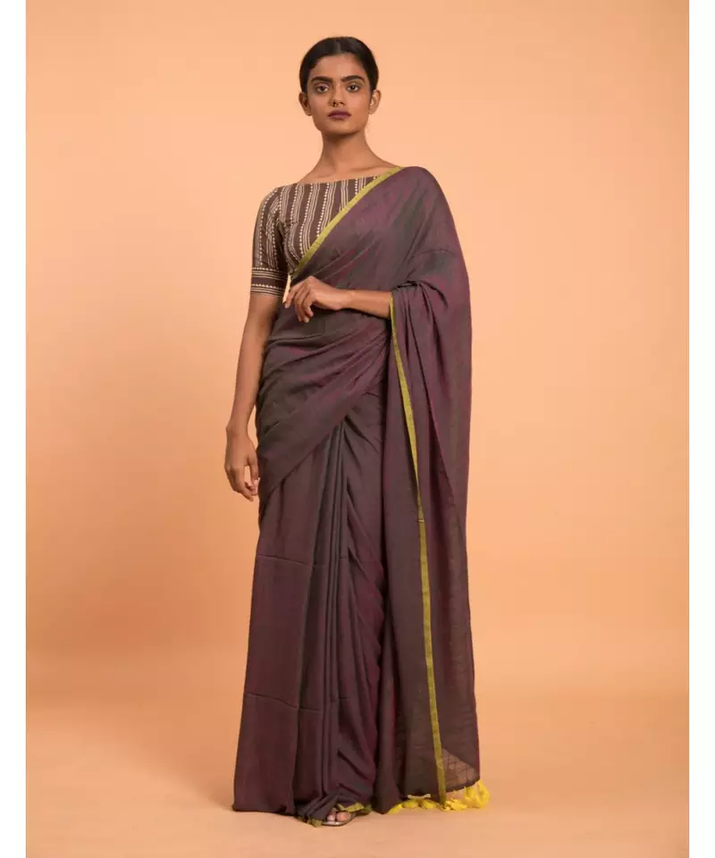 Suta Women Purple & Yellow Solid Cotton Blend Saree