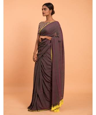 Suta Women Purple & Yellow Solid Cotton Blend Saree 3