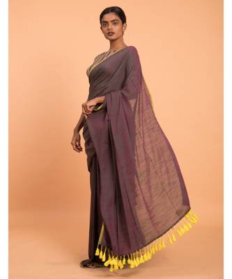 Suta Women Purple & Yellow Solid Cotton Blend Saree 4