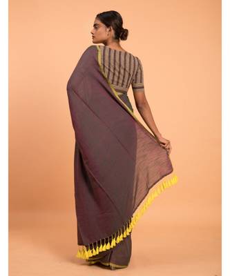 Suta Women Purple & Yellow Solid Cotton Blend Saree 5
