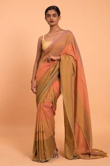 Suta Orange  Brown Colourblocked stripes Saree