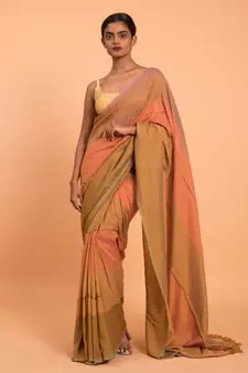 Suta Orange  Brown Colourblocked stripes Saree
