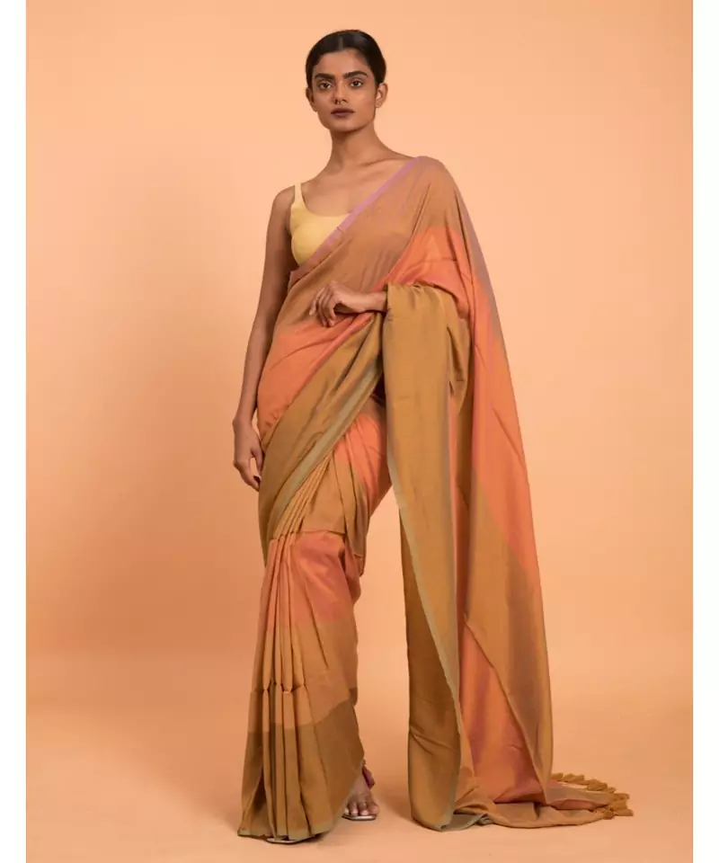 Suta Orange  Brown Colourblocked stripes Saree