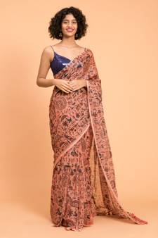 Suta Peach-Coloured  Blue warli Printed Pure Cotton Saree