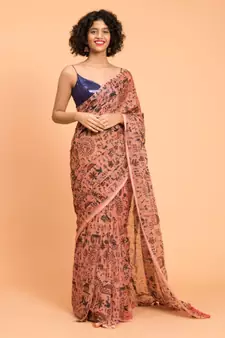 Suta Peach-Coloured  Blue warli Printed Pure Cotton Saree