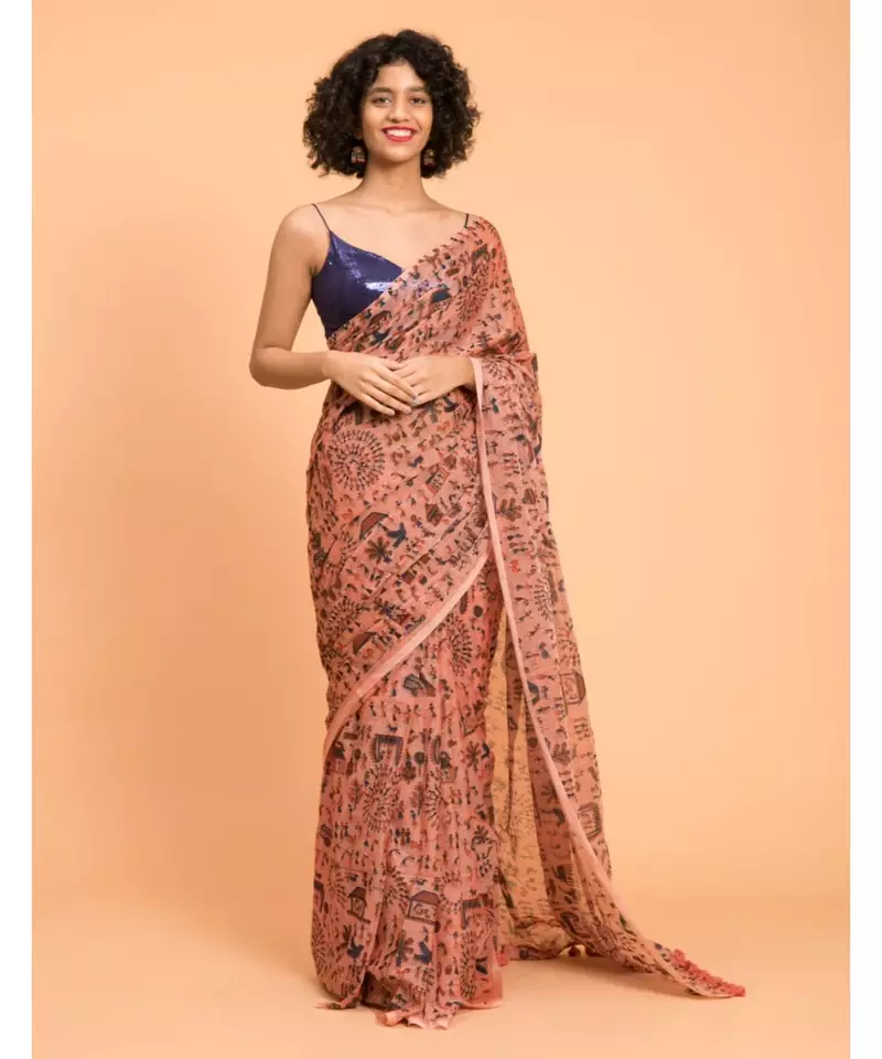 Suta Peach-Coloured  Blue warli Printed Pure Cotton Saree