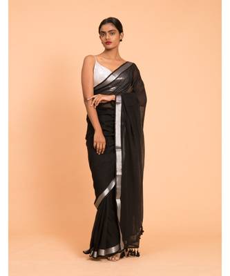Suta Women Black & Silver zari border solid Pure Cotton Saree 1