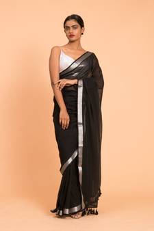 Suta Women Black & Silver zari border solid Pure Cotton Saree