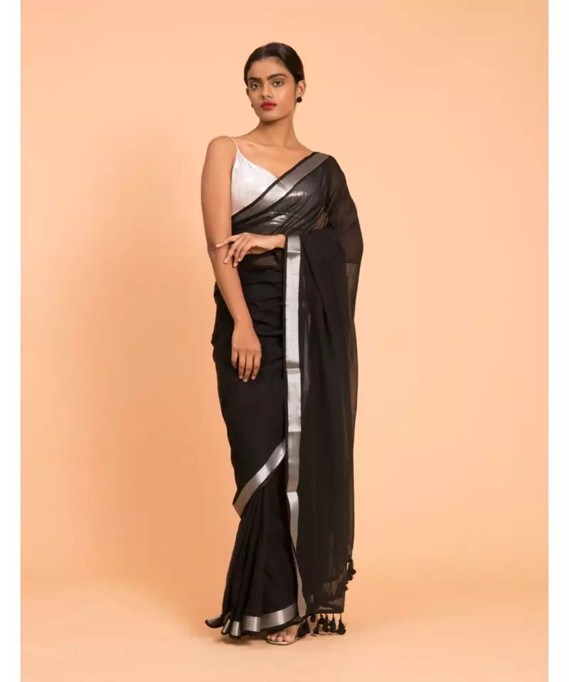 Suta Women Black & Silver zari border solid Pure Cotton Saree