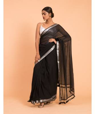 Suta Women Black & Silver zari border solid Pure Cotton Saree 2