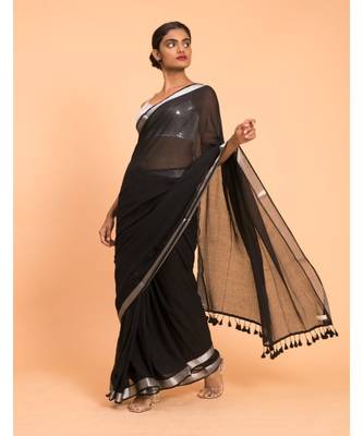 Suta Women Black & Silver zari border solid Pure Cotton Saree 3