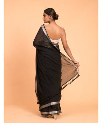 Suta Women Black & Silver zari border solid Pure Cotton Saree 4