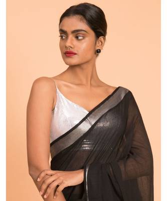 Suta Women Black & Silver zari border solid Pure Cotton Saree 5