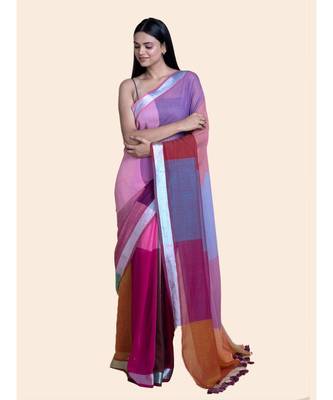 Multicolred And Zari Border  Cotton Handloom Saree 1