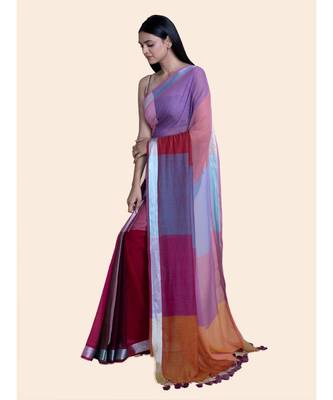 Multicolred And Zari Border  Cotton Handloom Saree 2