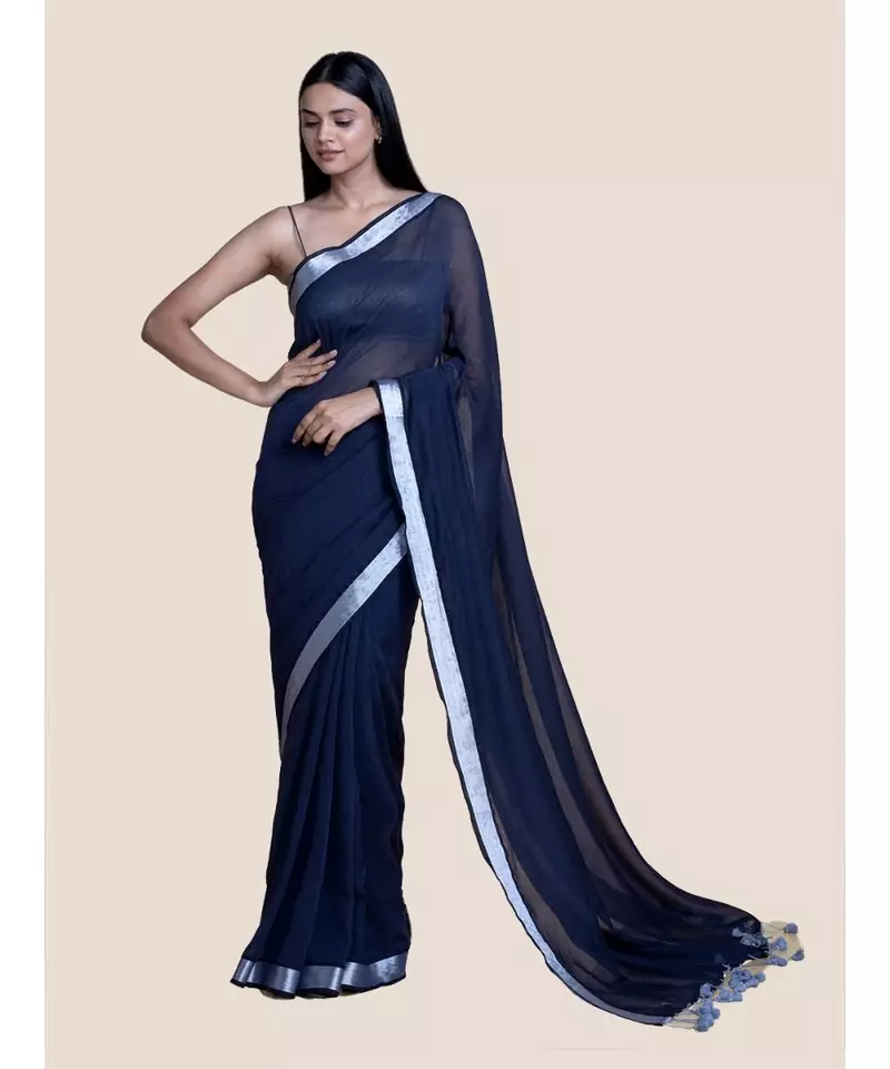 Blue Andzari Border Cotton Handloom Saree