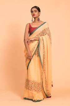 Suta Orange & Green Floral Printed Pure Cotton Saree