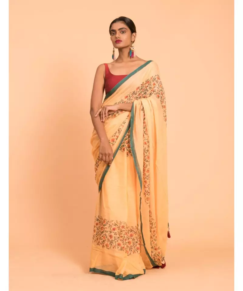Suta Orange & Green Floral Printed Pure Cotton Saree