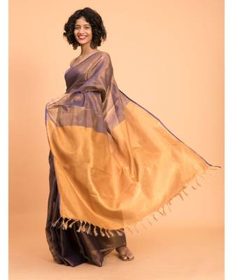 Suta Purple & Gold-Toned Pure Linen Zari Saree 1