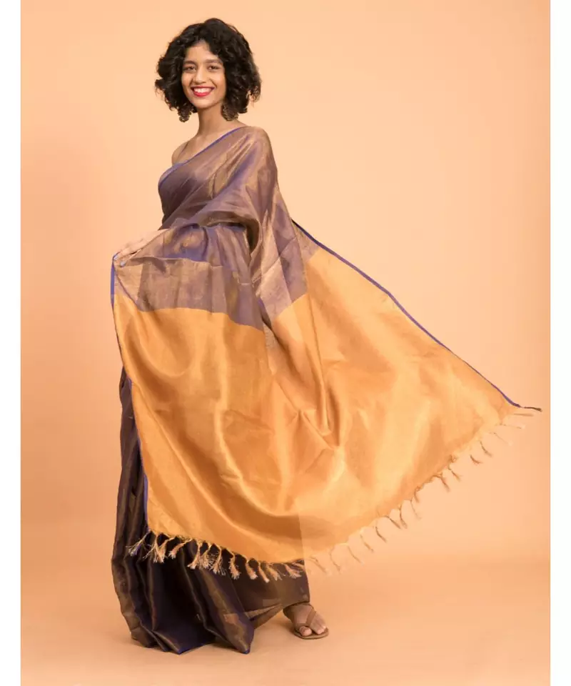 Suta Purple & Gold-Toned Pure Linen Zari Saree