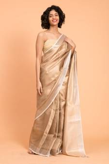 Suta Women Beige & White Pure Linen Zari Saree