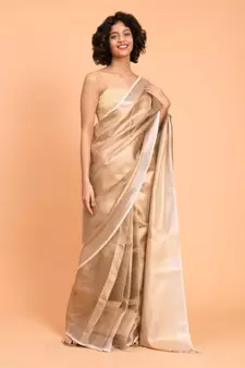 Suta Women Beige & White Pure Linen Zari Saree
