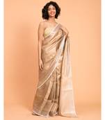 Suta Women Beige & White Pure Linen Zari Saree