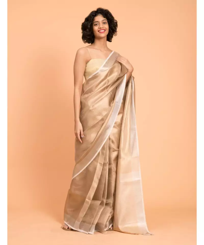 Suta Women Beige & White Pure Linen Zari Saree