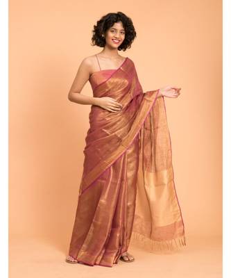 Suta Pink & Gold-Toned Zari Pure Linen Saree 2