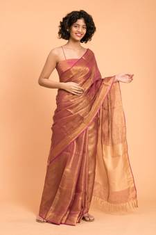 Suta Pink & Gold-Toned Zari Pure Linen Saree