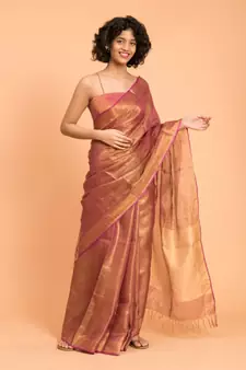 Suta Pink & Gold-Toned Zari Pure Linen Saree