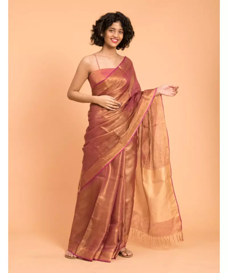 Suta Pink & Gold-Toned Zari Pure Linen Saree
