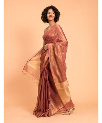 Suta Pink & Gold-Toned Zari Pure Linen Saree 3