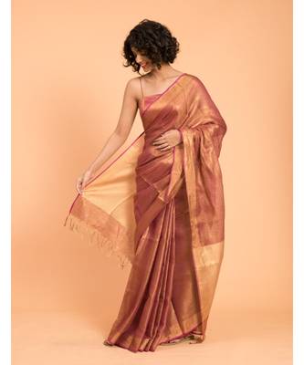 Suta Pink & Gold-Toned Zari Pure Linen Saree 4