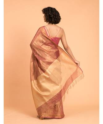 Suta Pink & Gold-Toned Zari Pure Linen Saree 5