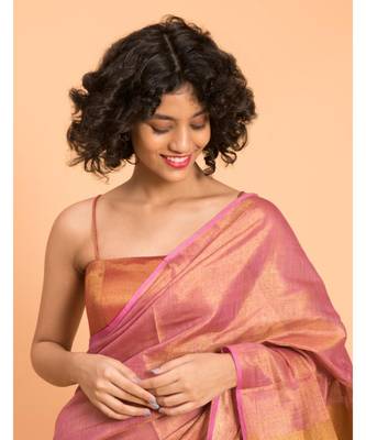 Suta Pink & Gold-Toned Zari Pure Linen Saree 2