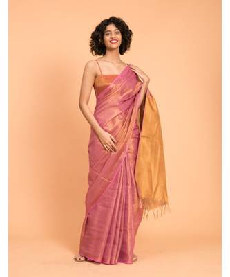 Suta Pink & Gold-Toned Zari Pure Linen Saree 1
