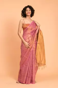 Suta Pink & Gold-Toned Zari Pure Linen Saree